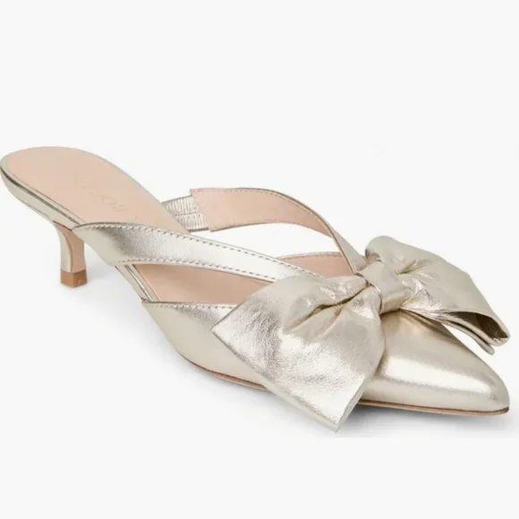 Jack Rogers Dress Mule 9 Gold Champagne Leather Cynthia Bow Kitten Heel Metallic - Picture 3 of 16